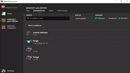 Выберите установку Forge в Minecraft